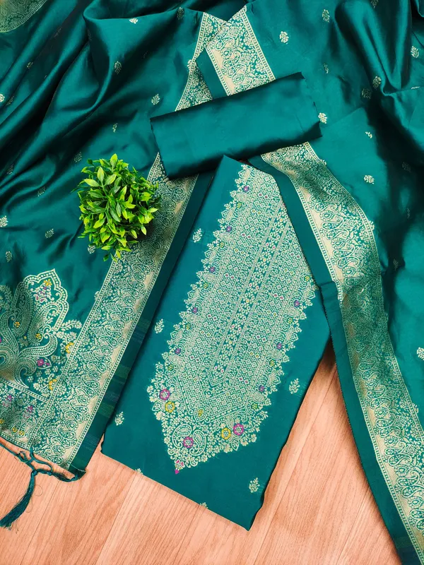 Teal_Soft_Litchi_Banarasi_Silk_Weaving_Unstitched_Kurta_Set_For_Women