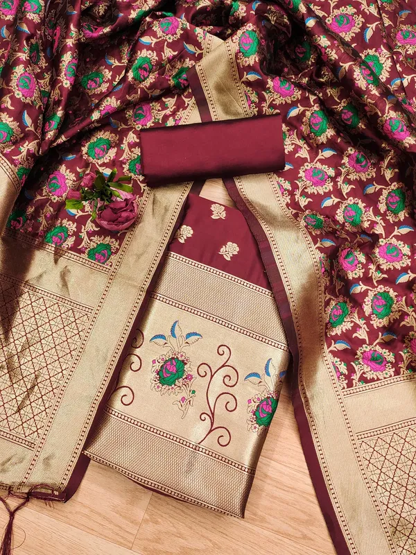 Maroon_Soft_Litchi_Banarasi_Silk_Weaving_Unstitched_Kurta_Set_For_Women