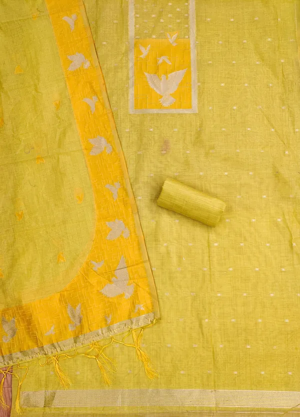 Yellow_Jamdani_Banarasi_Cotton_Weaving_Unstitched_Kurta_Set_For_Women
