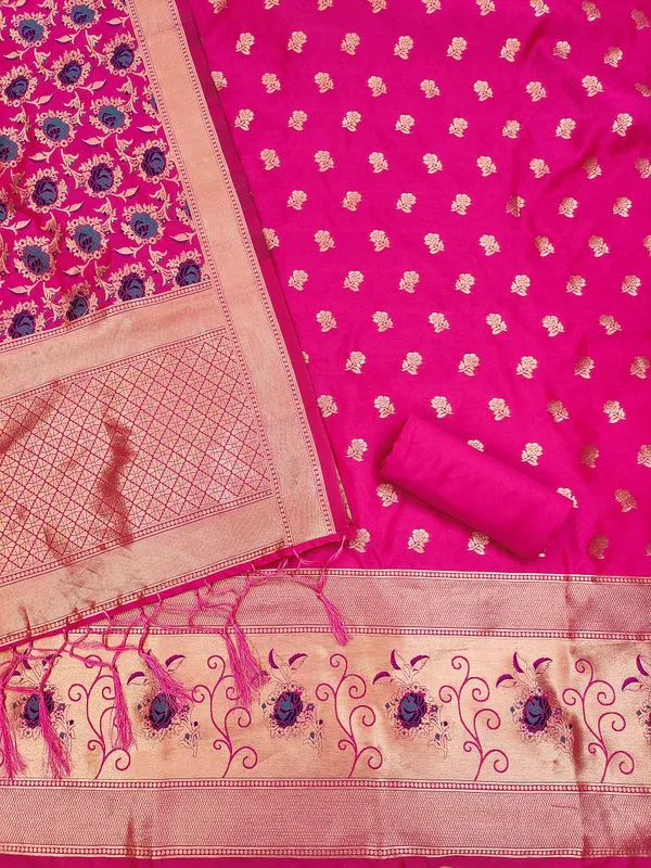 Rani_Pink_Soft_Litchi_Banarasi_Silk_Weaving_Unstitched_Kurta_Set_For_Women