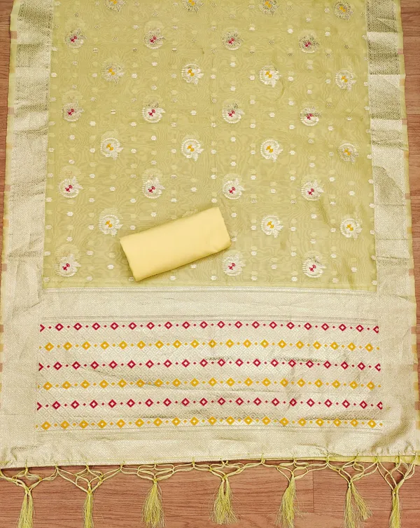 Yellow_Organza_Banarasi_Silk_Weaving_Unstitched_Kurta_Set_For_Women