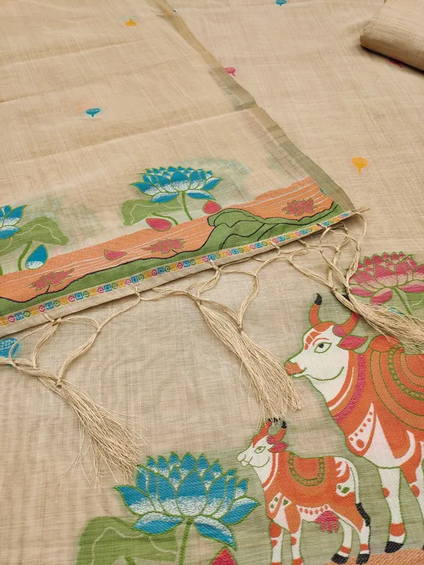 Cream_Jamdani_Banarasi_Cotton_Weaving_Unstitched_Kurta_Set_For_Women