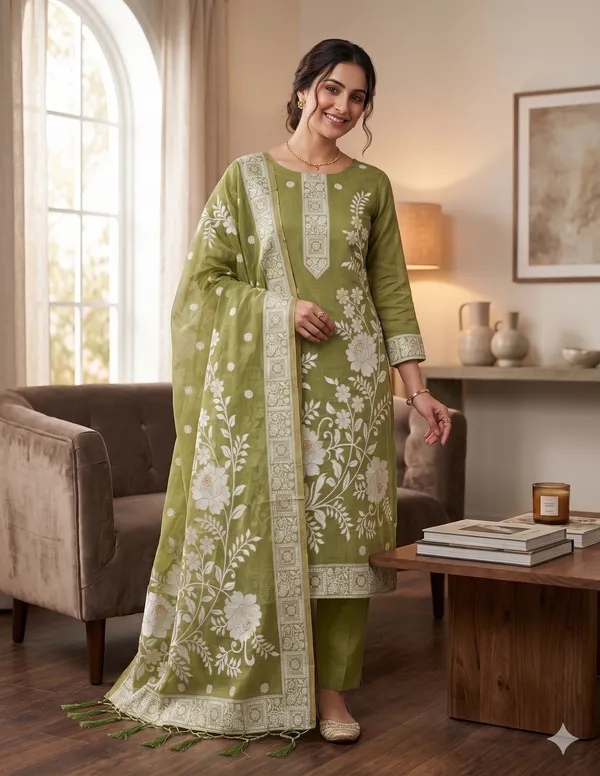 Light_Mehendi_Jamdani_Banarasi_Cotton_Weaving_Unstitched_Kurta_Set_For_Women