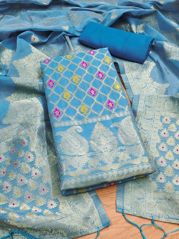 Sky_Blue_Chanderi_Banarasi_Cotton_Weaving_Unstitched_Kurta_Set_For_Women