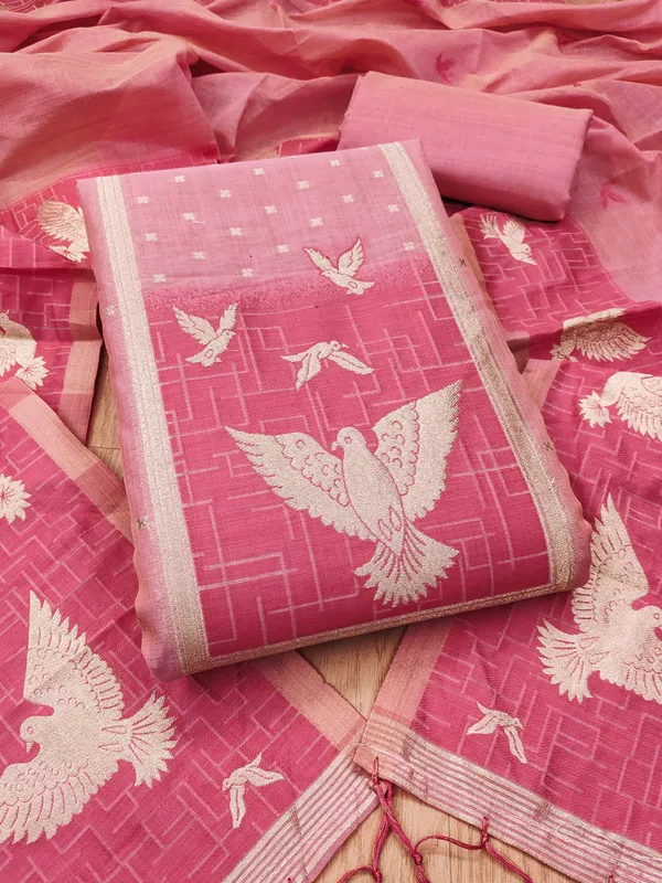 Pink_Jamdani_Banarasi_Cotton_Weaving_Unstitched_Kurta_Set_For_Women
