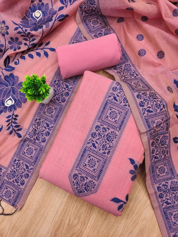 Pink_Jamdani_Banarasi_Cotton_Weaving_Unstitched_Kurta_Set_For_Women
