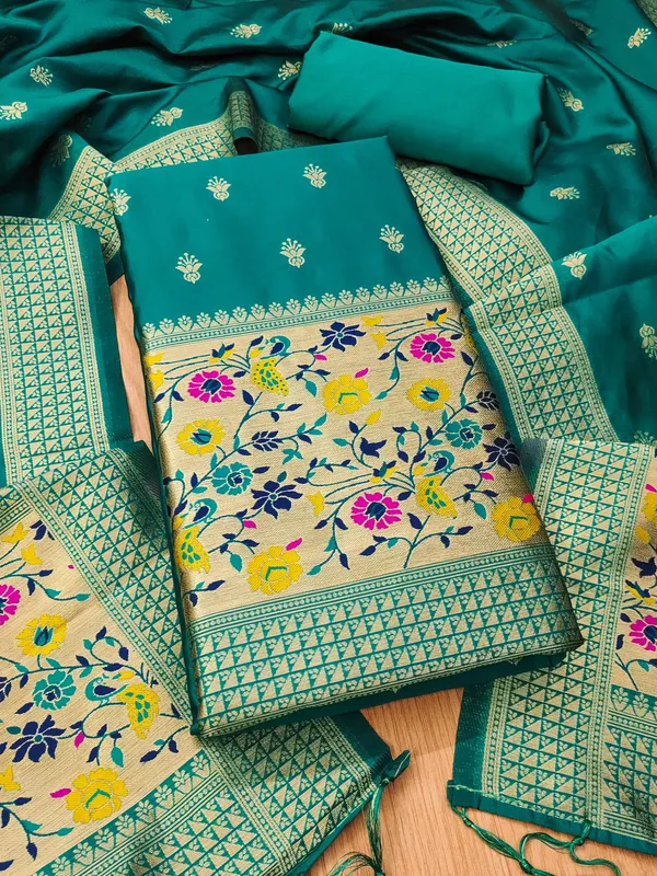 Teal_Soft_Litchi_Banarasi_Silk_Weaving_Unstitched_Kurta_Set_For_Women