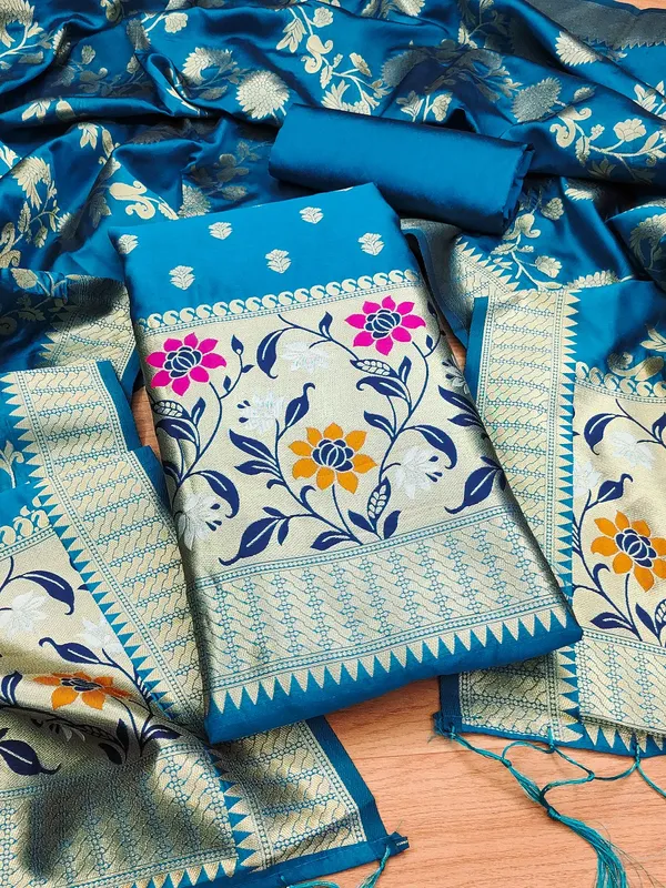 Blue_Soft_Litchi_Banarasi_Silk_Weaving_Unstitched_Kurta_Set_For_Women