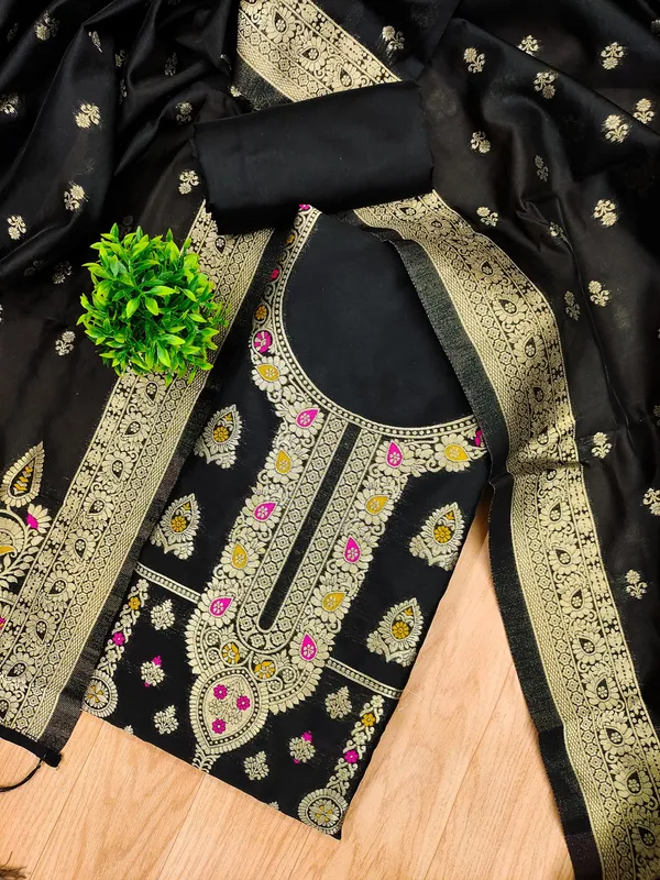 Black_Soft_Litchi_Banarasi_Silk_Weaving_Unstitched_Kurta_Set_For_Women
