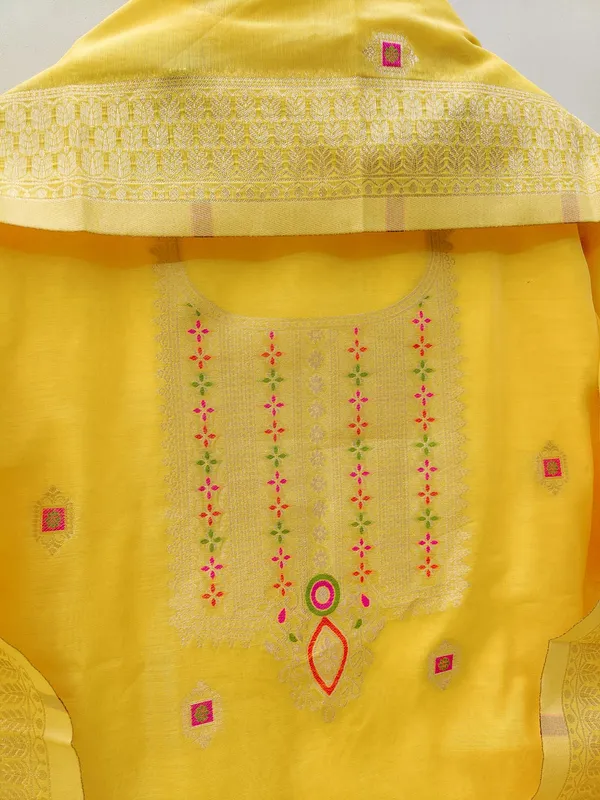 Yellow_Chanderi_Banarasi_Cotton_Weaving_Unstitched_Kurta_Set_For_Women
