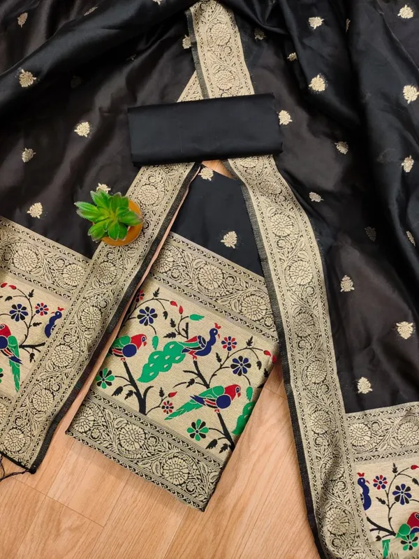 Black_Soft_Litchi_Banarasi_Silk_Weaving_Unstitched_Kurta_Set_For_Women