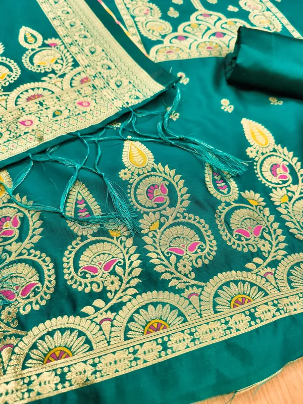 Teal_Soft_Litchi_Banarasi_Silk_Weaving_Unstitched_Kurta_Set_For_Women