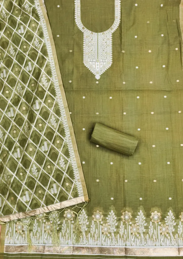 Mehendi_Jamdani_Banarasi_Cotton_Weaving_Unstitched_Kurta_Set_For_Women