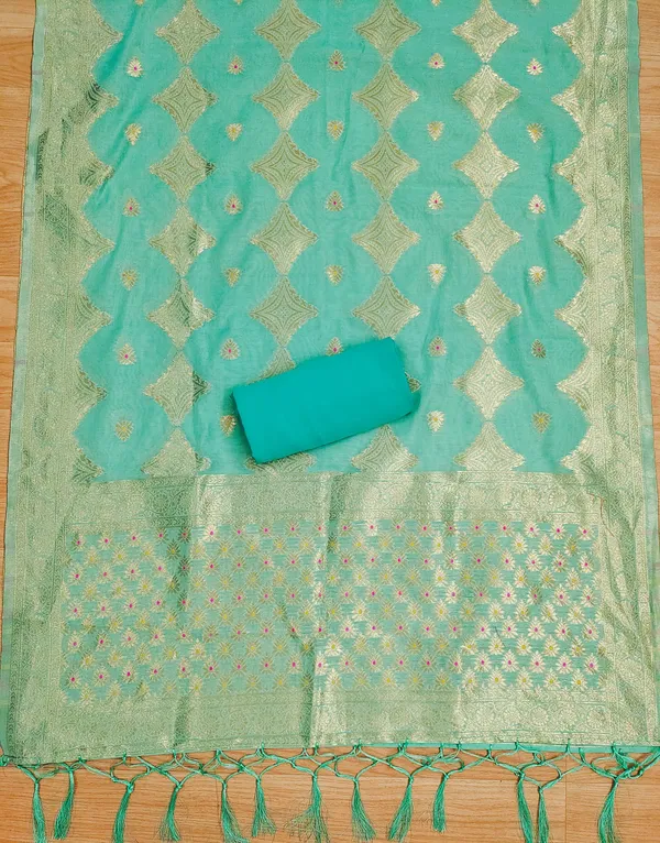 Sea_Green_Chanderi_Banarasi_Cotton_Weaving_Unstitched_Kurta_Set_For_Women