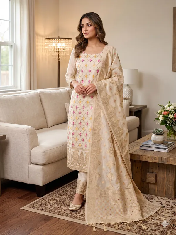 White_Chanderi_Banarasi_Cotton_Weaving_Unstitched_Kurta_Set_For_Women