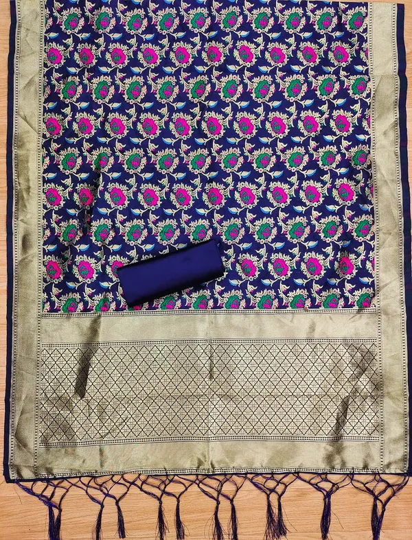Navy_Blue_Soft_Litchi_Banarasi_Silk_Weaving_Unstitched_Kurta_Set_For_Women