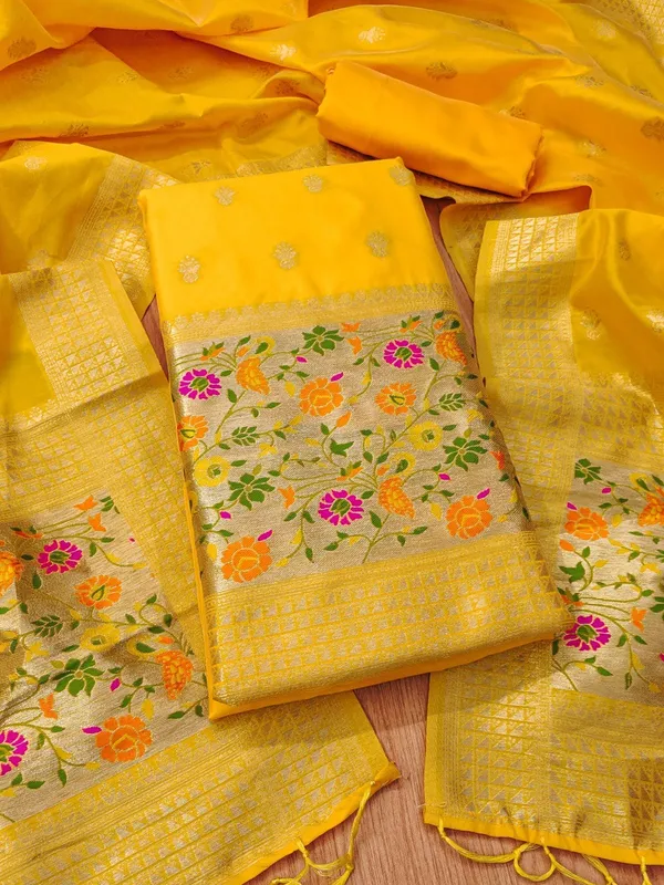 Yellow_Soft_Litchi_Banarasi_Silk_Weaving_Unstitched_Kurta_Set_For_Women