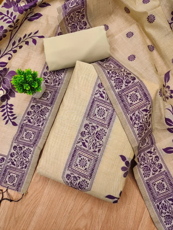 Cream_Jamdani_Banarasi_Cotton_Weaving_Unstitched_Kurta_Set_For_Women