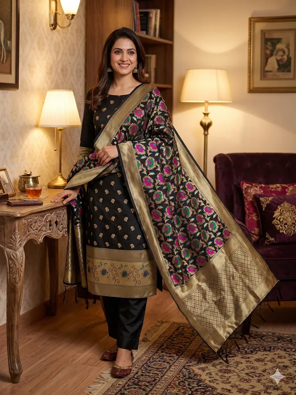 Black_Soft_Litchi_Banarasi_Silk_Weaving_Unstitched_Kurta_Set_For_Women