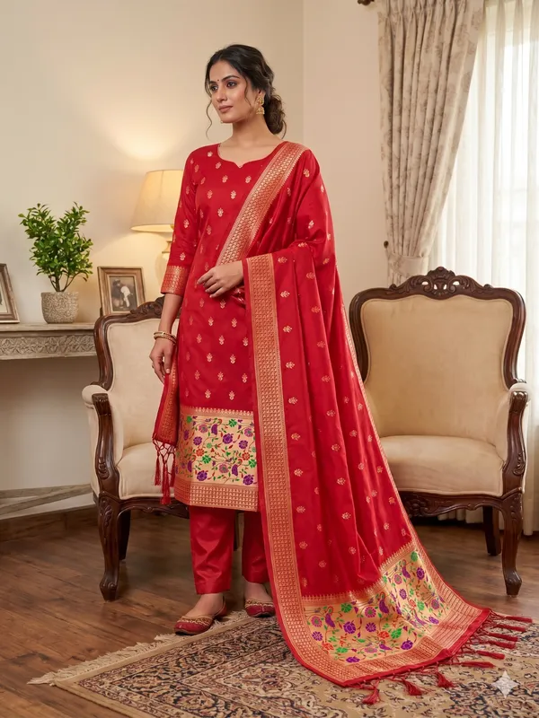Red_Soft_Litchi_Banarasi_Silk_Weaving_Unstitched_Kurta_Set_For_Women