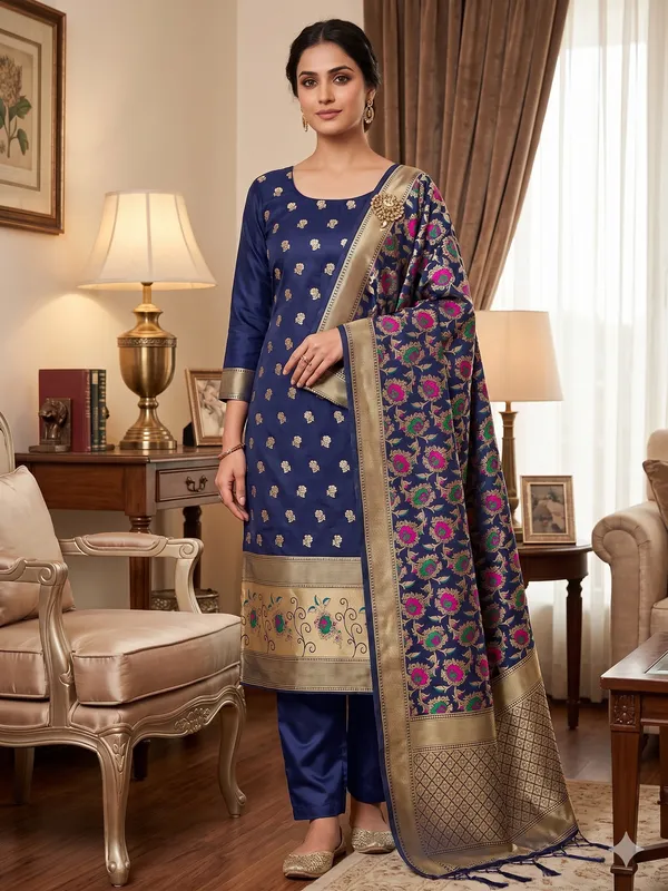 Navy_Blue_Soft_Litchi_Banarasi_Silk_Weaving_Unstitched_Kurta_Set_For_Women
