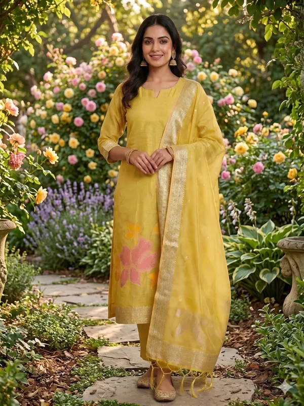 Yellow_Shimmer_Banarasi_Silk_Weaving_Unstitched_Kurta_Set_For_Women