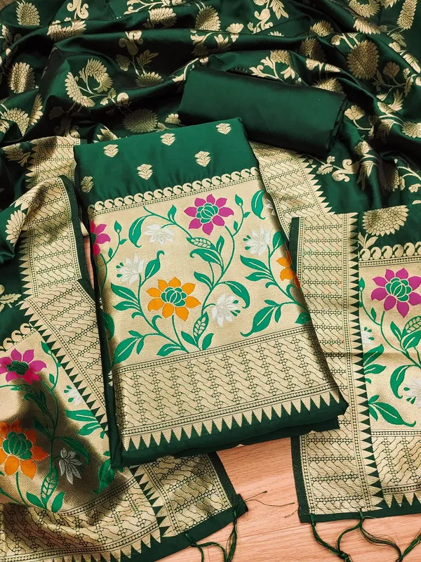 Bottle_Green_Soft_Litchi_Banarasi_Silk_Weaving_Unstitched_Kurta_Set_For_Women