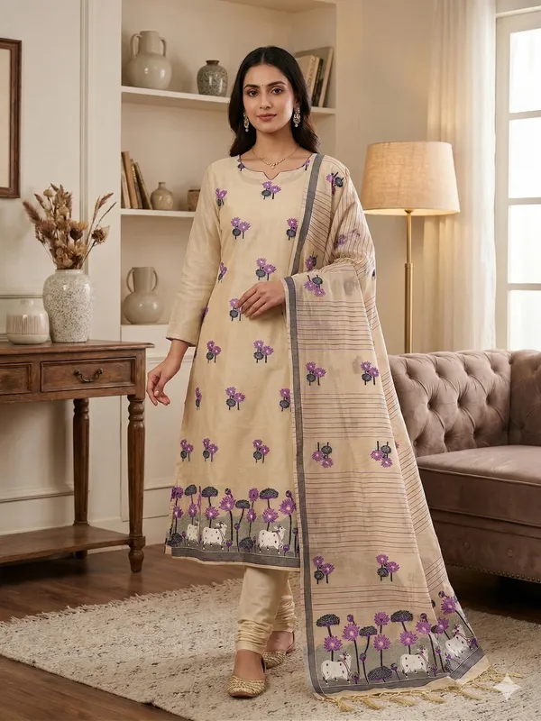 Chiku_Muga_Banarasi_Cotton_Weaving_Unstitched_Kurta_Set_For_Women