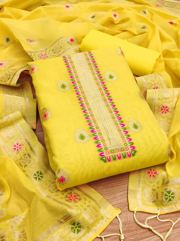 Yellow_Chanderi_Banarasi_Cotton_Weaving_Unstitched_Kurta_Set_For_Women
