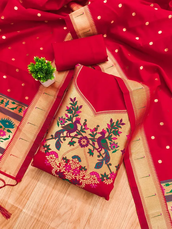 Red_Soft_Litchi_Banarasi_Silk_Weaving_Unstitched_Kurta_Set_For_Women