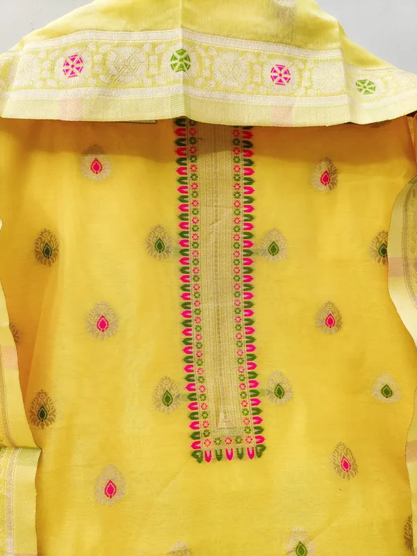 Yellow_Chanderi_Banarasi_Cotton_Weaving_Unstitched_Kurta_Set_For_Women