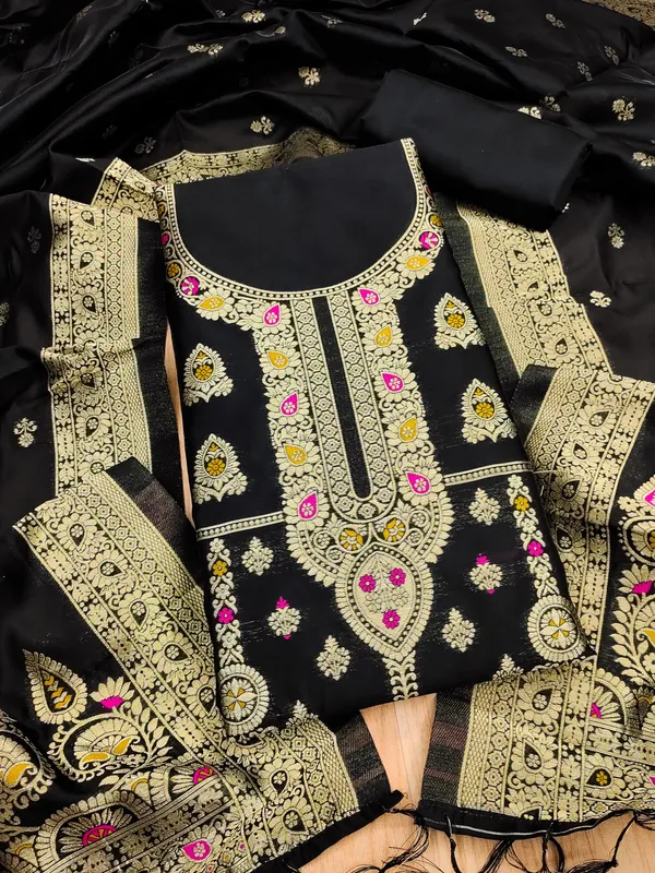 Black_Soft_Litchi_Banarasi_Silk_Weaving_Unstitched_Kurta_Set_For_Women
