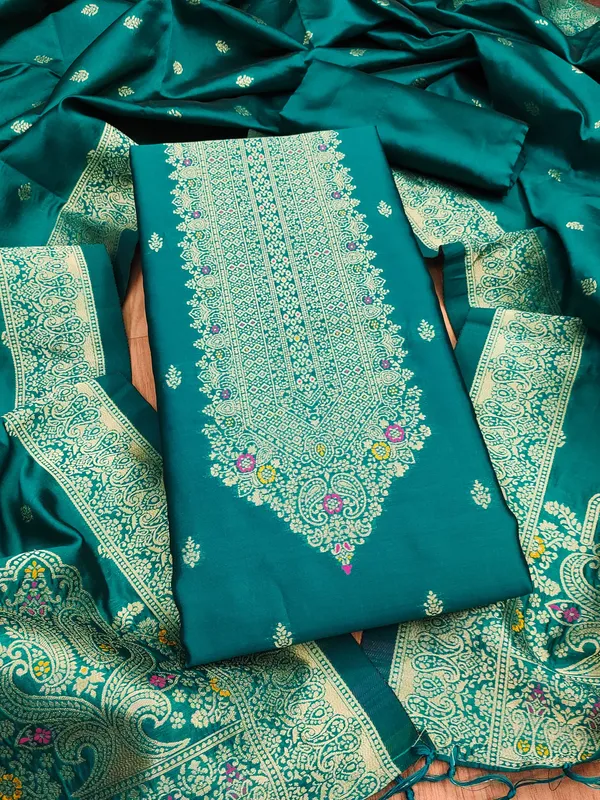 Teal_Soft_Litchi_Banarasi_Silk_Weaving_Unstitched_Kurta_Set_For_Women