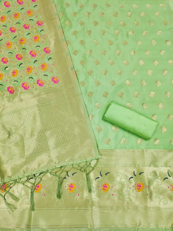 Pista_Soft_Litchi_Banarasi_Silk_Weaving_Unstitched_Kurta_Set_For_Women