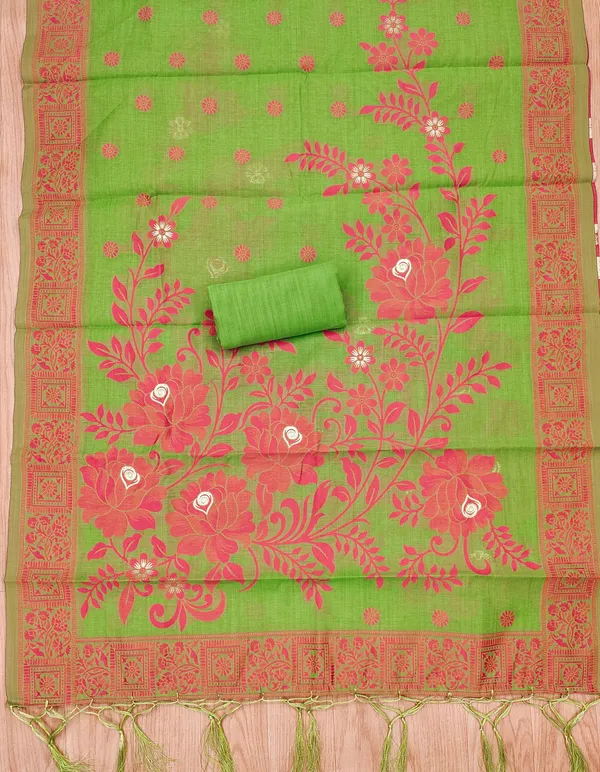 Pista_Jamdani_Banarasi_Cotton_Weaving_Unstitched_Kurta_Set_For_Women