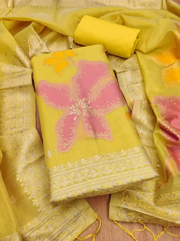 Yellow_Shimmer_Banarasi_Silk_Weaving_Unstitched_Kurta_Set_For_Women