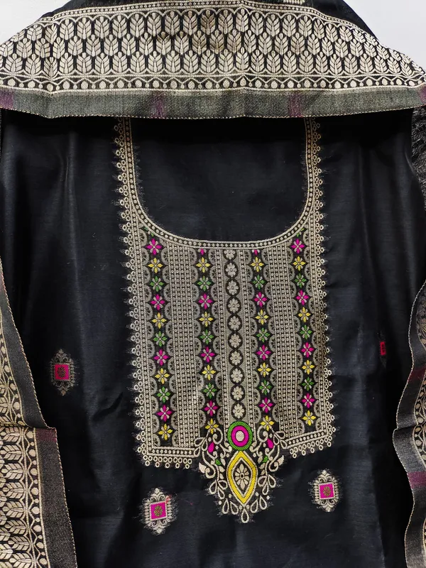Black_Chanderi_Banarasi_Cotton_Weaving_Unstitched_Kurta_Set_For_Women