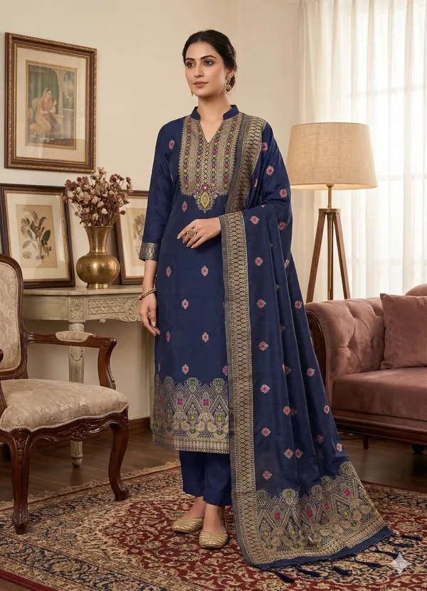 Navy_Blue_Chanderi_Banarasi_Cotton_Weaving_Unstitched_Kurta_Set_For_Women