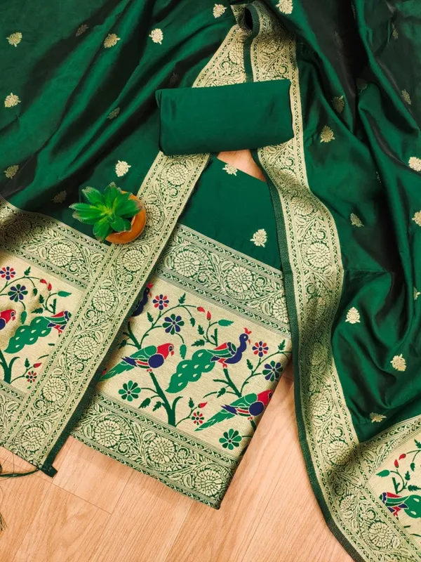 Green_Soft_Litchi_Banarasi_Silk_Weaving_Unstitched_Kurta_Set_For_Women