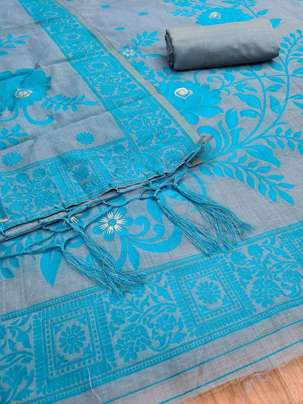 Grey_Jamdani_Banarasi_Cotton_Weaving_Unstitched_Kurta_Set_For_Women