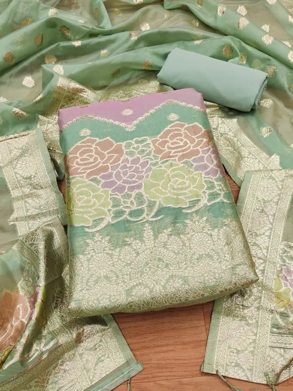 Green_Organza_Banarasi_Silk_Weaving_Unstitched_Kurta_Set_For_Women