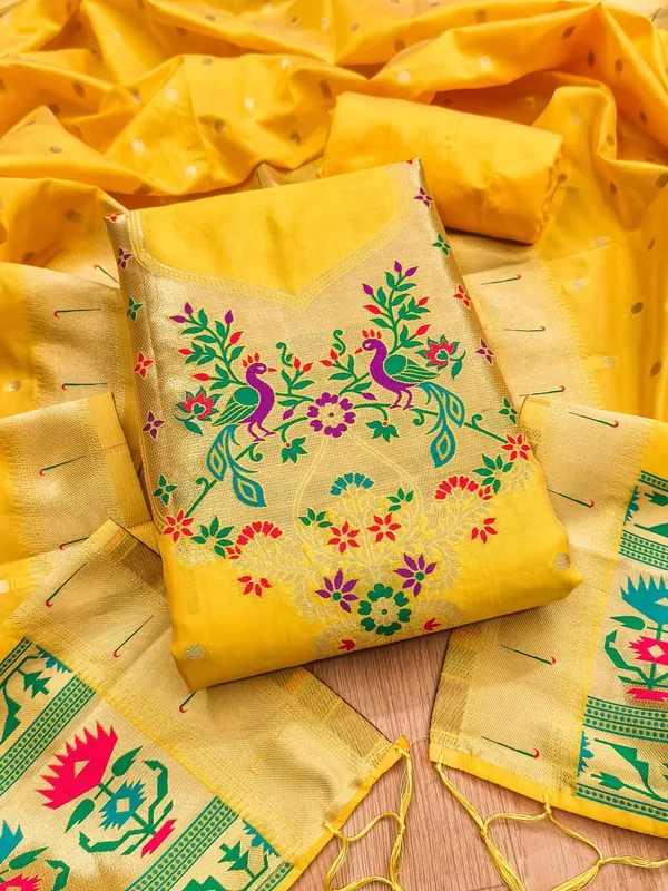 Yellow_Soft_Litchi_Banarasi_Silk_Weaving_Unstitched_Kurta_Set_For_Women