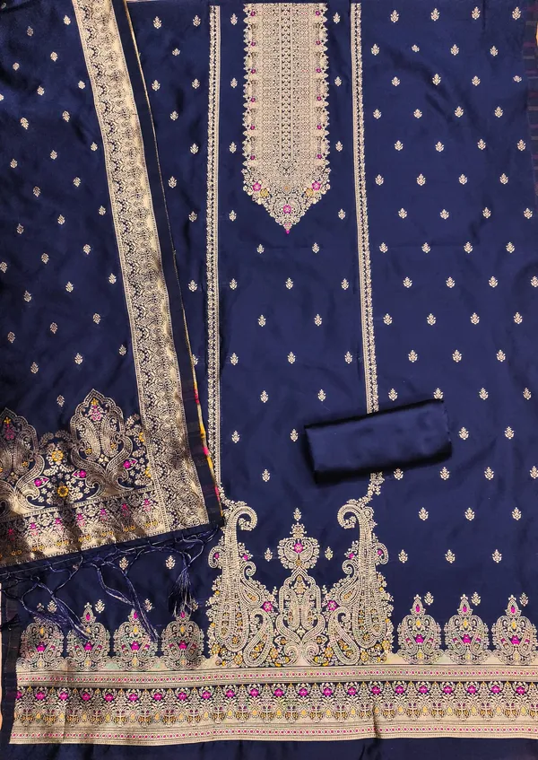 Navy_Blue_Soft_Litchi_Banarasi_Silk_Weaving_Unstitched_Kurta_Set_For_Women