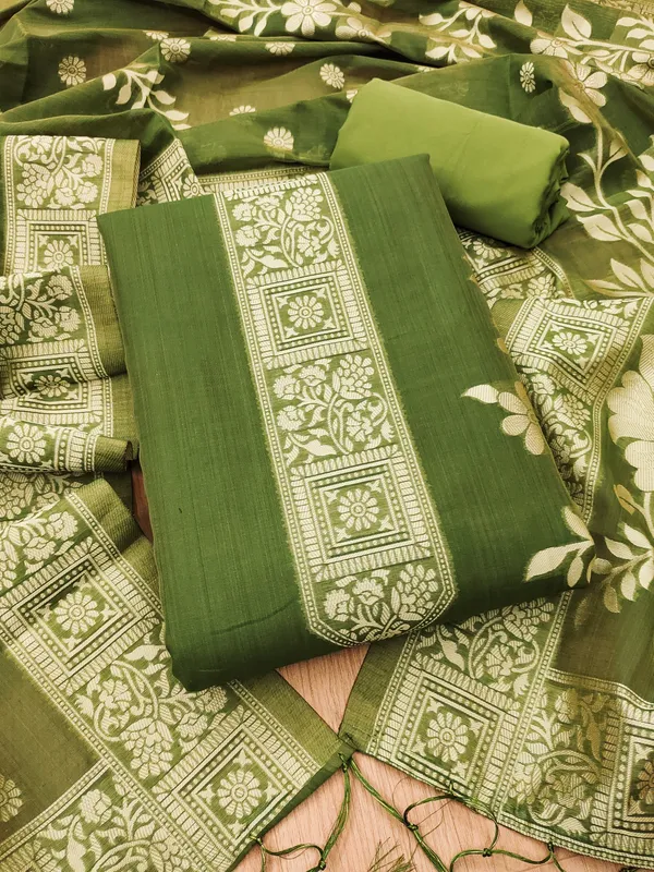 Mehendi_Jamdani_Banarasi_Cotton_Weaving_Unstitched_Kurta_Set_For_Women