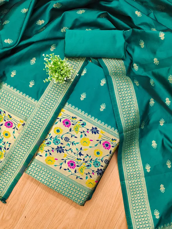 Teal_Soft_Litchi_Banarasi_Silk_Weaving_Unstitched_Kurta_Set_For_Women