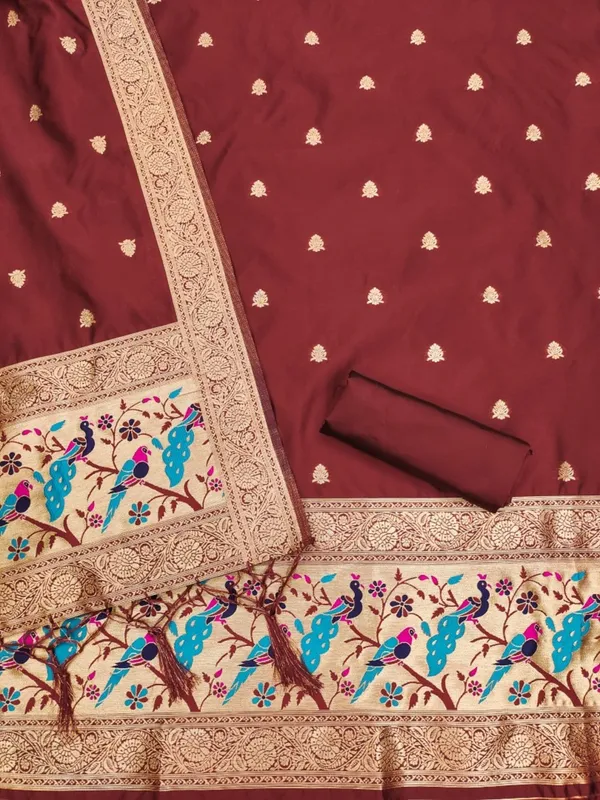 Maroon_Soft_Litchi_Banarasi_Silk_Weaving_Unstitched_Kurta_Set_For_Women