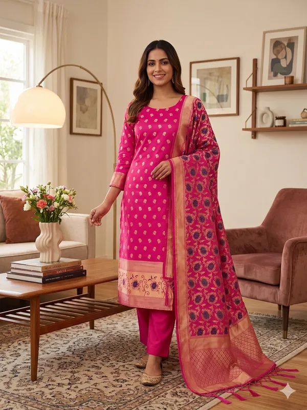 Rani_Pink_Soft_Litchi_Banarasi_Silk_Weaving_Unstitched_Kurta_Set_For_Women