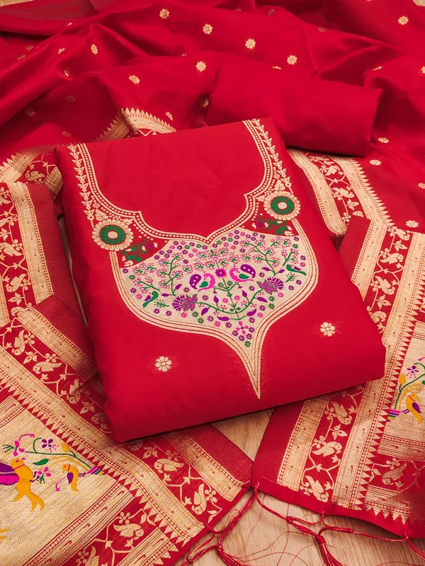 Red_Soft_Litchi_Banarasi_Silk_Weaving_Unstitched_Kurta_Set_For_Women