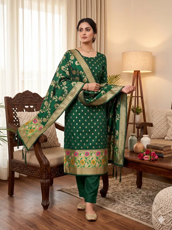 Bottle_Green_Soft_Litchi_Banarasi_Silk_Weaving_Unstitched_Kurta_Set_For_Women