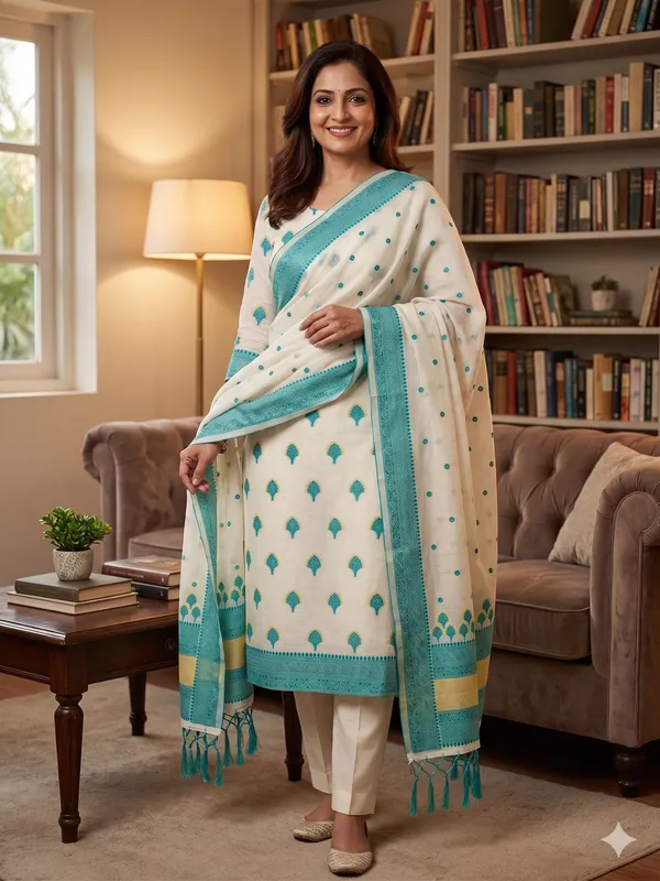 Teal_Handloom_Banarasi_Cotton_Weaving_Unstitched_Kurta_Set_For_Women